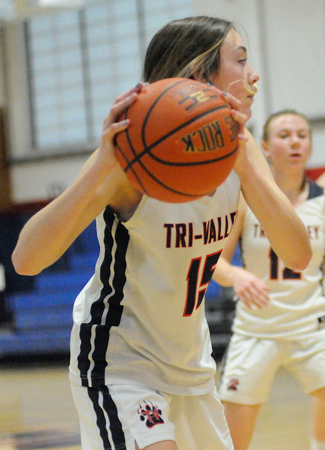 Looking forward. Tri-Valley’s Brynn Poley was 1-for-2 at the free-throw line, besting her team’s overall average of 27 percent during the game...
